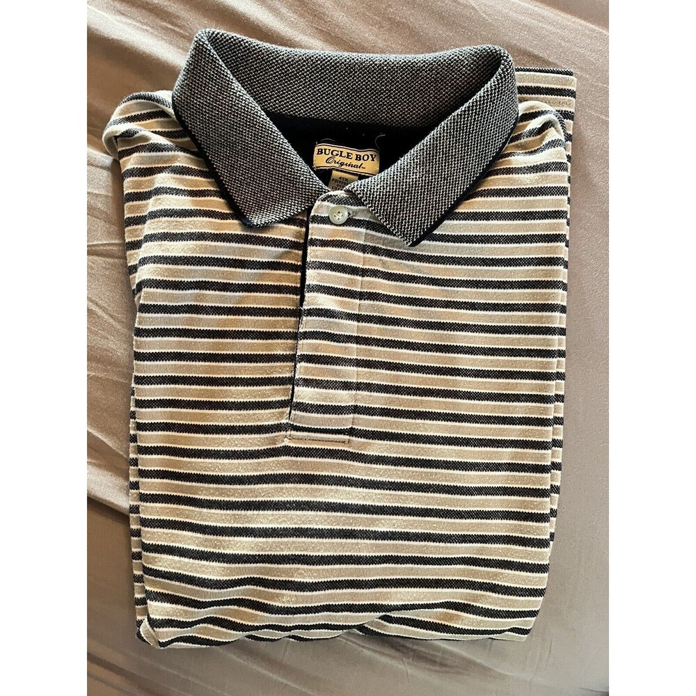 VTG Bugle Boy Men’s Polo Shirt Beige Blue Striped Golf Preppy 3 Buttons Medium